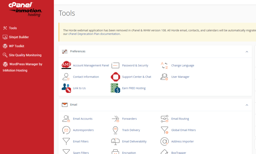 InMotion's cPanel dashboard