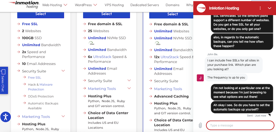 InMotion pricing page showing a chat box to the right with an ongoing conversation.