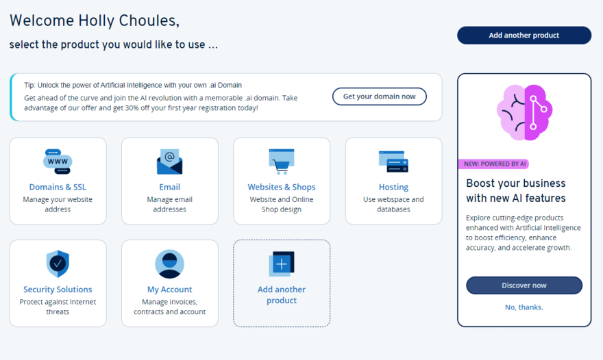 IONOS website hosting dashboard