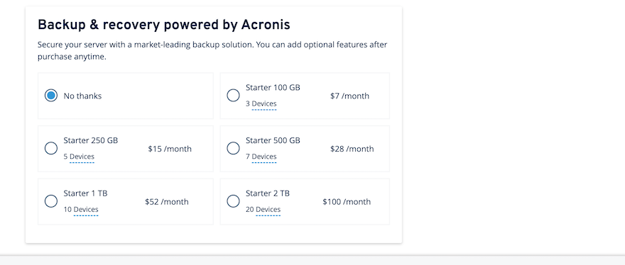 IONOS backup and recovery options for VPS plans showing options that users can select alongside prices.