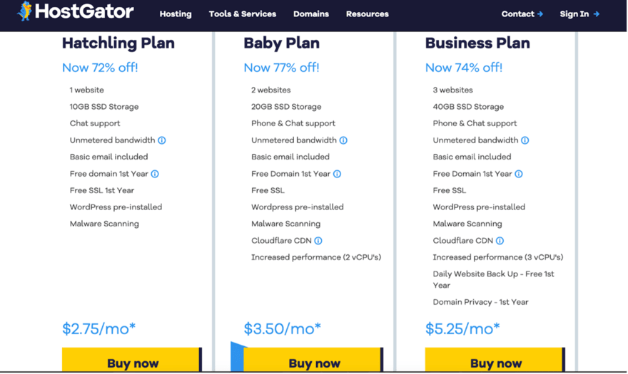 HostGator web hosting plans comparison showing Hatchling, Baby, and Business plans with features like SSD storage, free domain, and SSL with discounted prices.