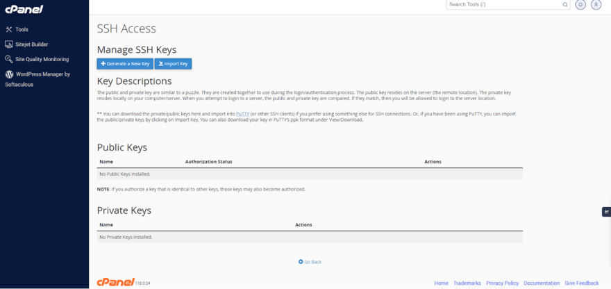 cPanel interface for SSH Access showing options to generate or import SSH keys, with no public or private keys currently installed.