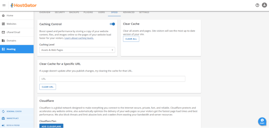 HostGator hosting panel displaying options for Caching Control, to clear cache for specific URLs, and an add-on feature for Cloudflare integration.