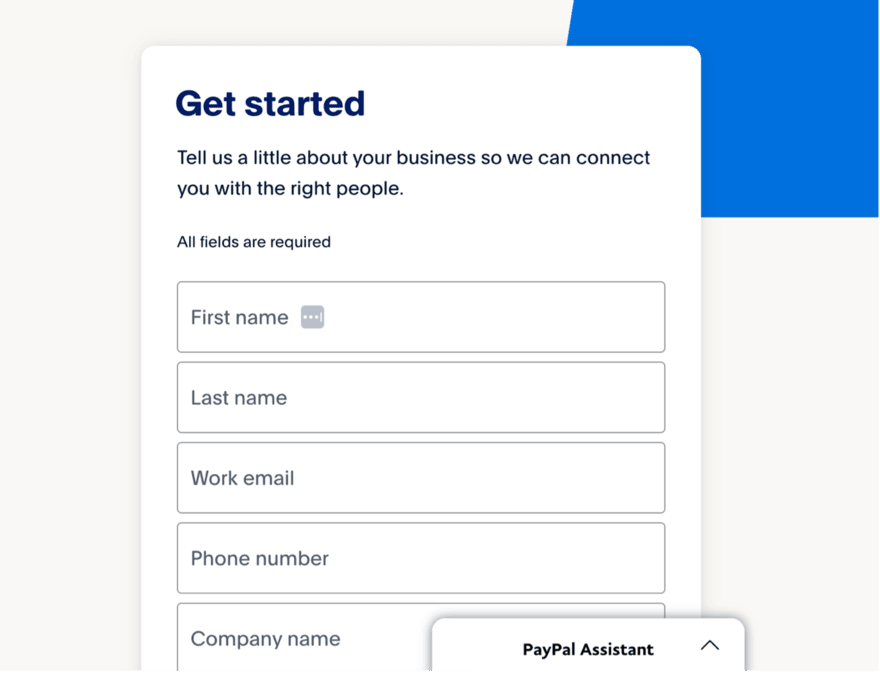Online form titled "Get started" asking for personal and business information to connect with PayPal, including fields for name, email, phone, and company name.