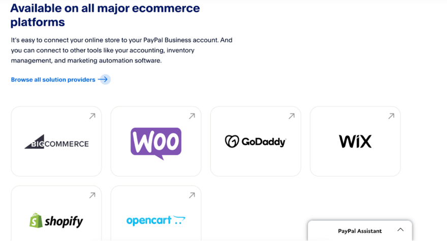 Section of a website stating PayPal's availability on major e-commerce platforms, with logos for BigCommerce, WooCommerce, GoDaddy, Wix, Shopify, and OpenCart.