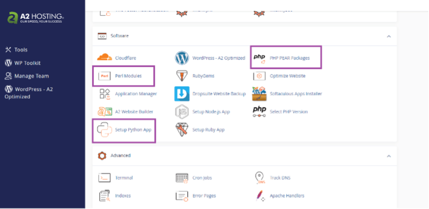 Screenshot of A2 Hosting cPanel showing various software options including Cloudflare, Perl Modules, Python App setup, and advanced tools like Cron Jobs and Error Pages.