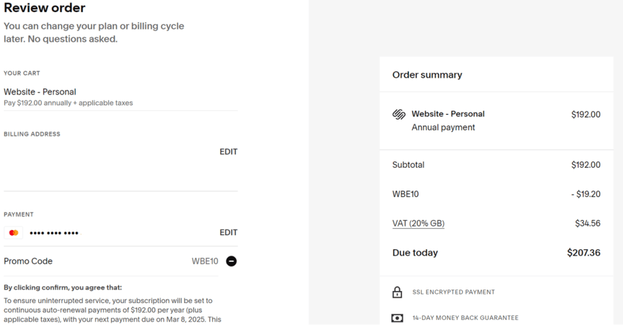 Image of a checkout page showing a website order summary for $192.00 with a discount applied. Annual billing with automatic renewal is selected.