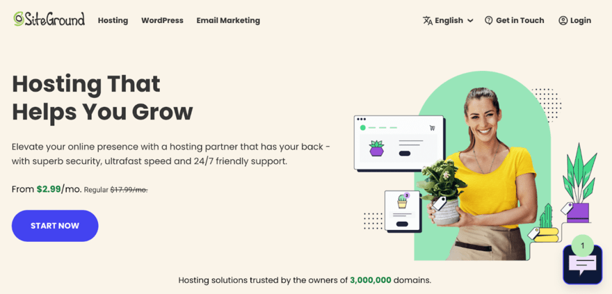 Promotional banner for SiteGround hosting featuring a cheerful woman holding a potted plant, highlighting services starting at $2.99/month, aimed at business growth.