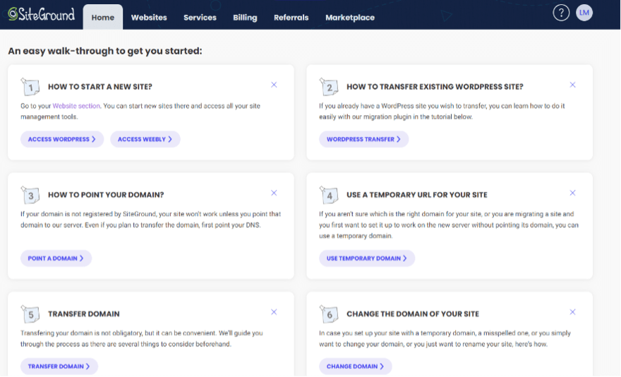 Walk-through guide on SiteGround's website covering steps for starting a new site, transferring a WordPress site, pointing a domain, and more with access links.