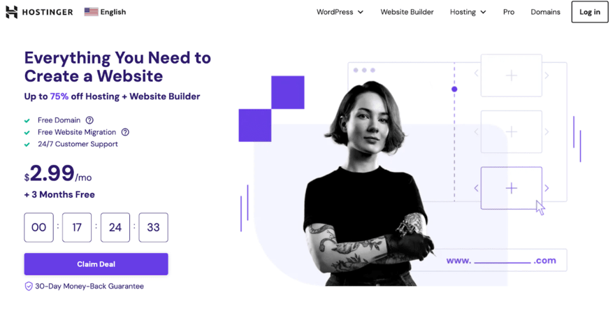 Web page banner for Hostinger hosting services with an offer: "Everything You Need to Create a Website," featuring a discount, a woman with tattoos, and a countdown timer for a deal.