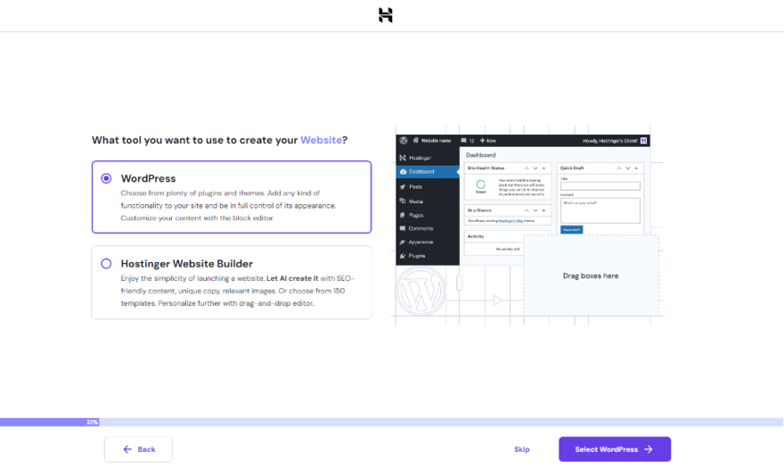 Hostinger setup page offering a choice between using WordPress or the Hostinger Website Builder to create a website, with a preview of the WordPress dashboard.