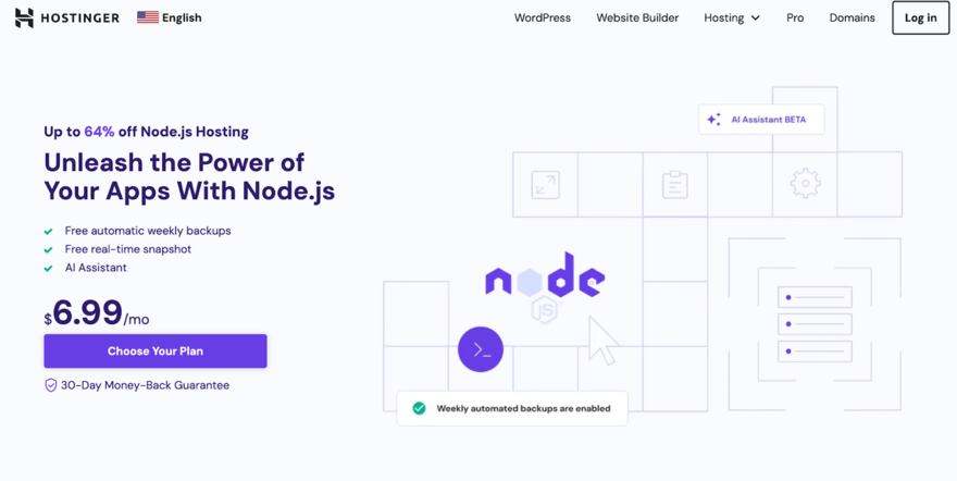 Advertisement for Hostinger's Node.js hosting service, offering a discount at $6.99/month with features like weekly backups and an AI assistant.