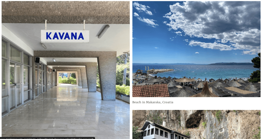 A collage of three images: a corridor with a "KAVANA" sign, a crowded beach under a cloud-filled sky, and a house perched near a cliff.