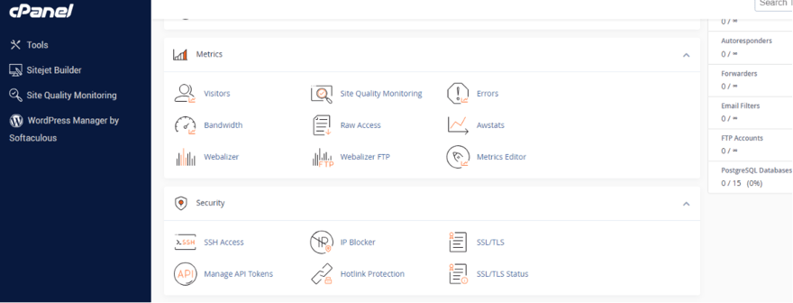 Screenshot of cPanel interface with categories for Tools, Metrics, and Security, including options for Sitejet Builder, Visitors, SSH Access, and SSL/TLS.