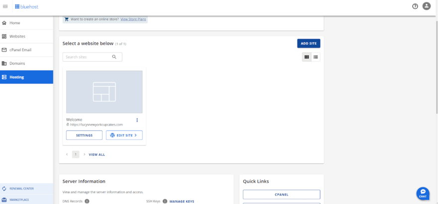 Screenshot of the Bluehost hosting dashboard showing an option to select a website, with one site titled "Welcome" and a URL displayed.