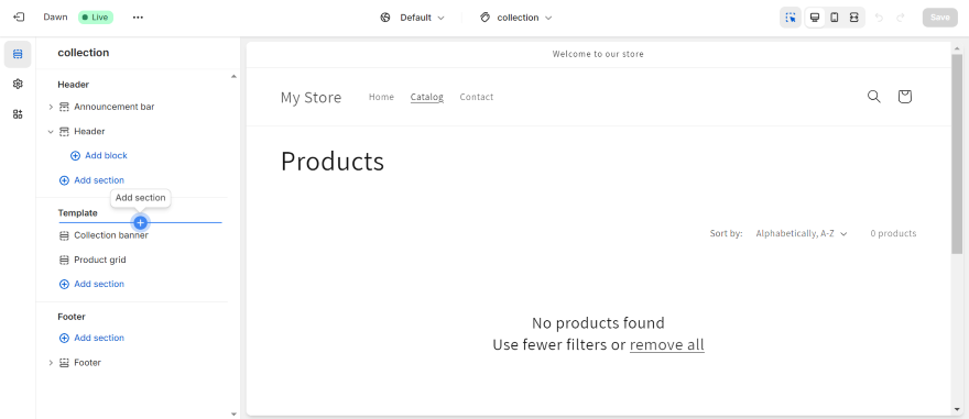 Screenshot of an online store's collection page showing an empty products section with a message to use fewer filters or remove them.