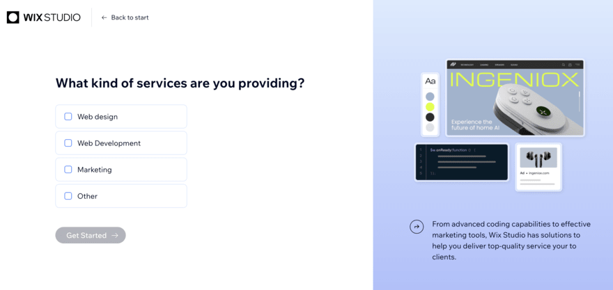 A screenshot of the Wix Studio setup page asking the type of services provided: Web design, Web Development, Marketing, or Other.