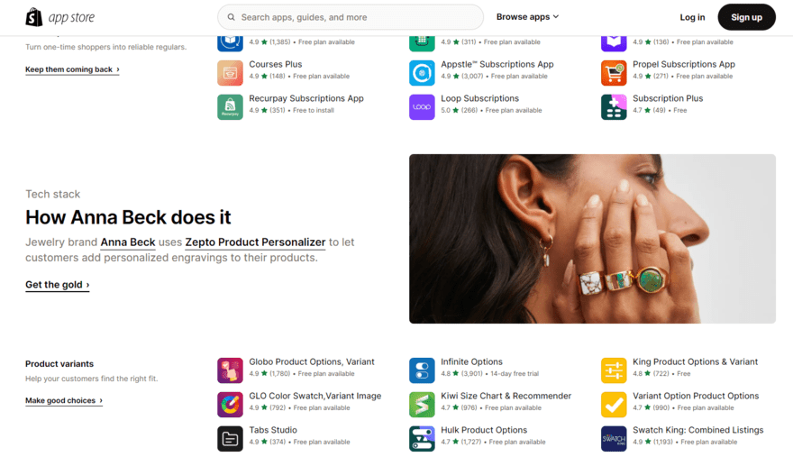 Shopify's app store showing recommended apps
