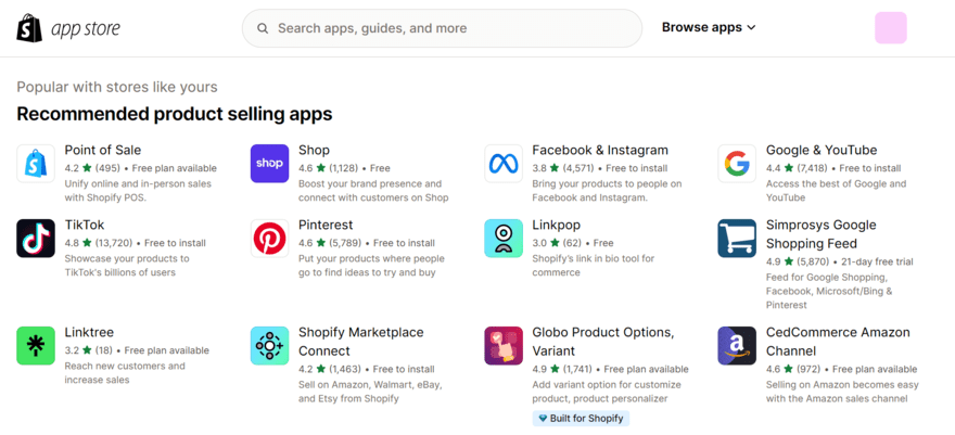 Shopify's app store filtered to show apps for selling