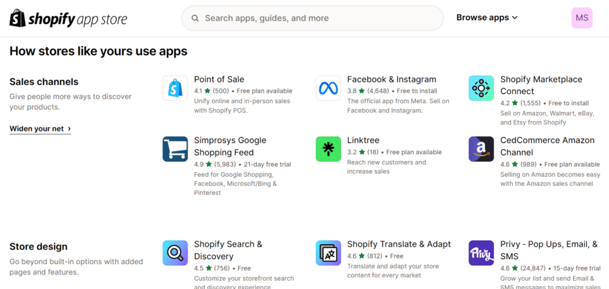 Shopify app market showing apps for sales channels and store design