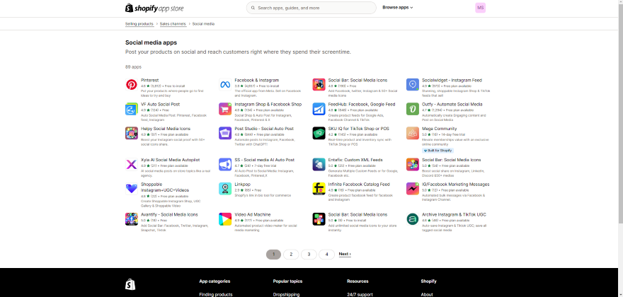 Screenshot of Shopify App Store and a list of social media apps.