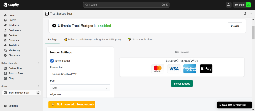 Screenshot of Shopify's Trust Badges settings interface showing secure checkout options with various payment method icons.