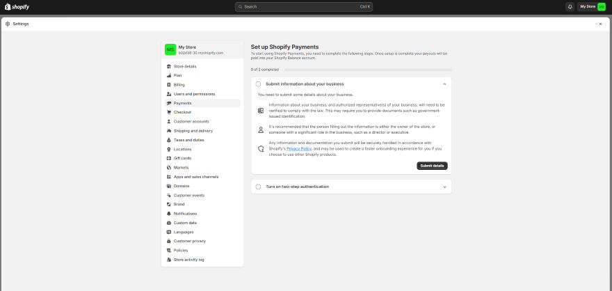 Screenshot illustrating the process of setting up Shopify Payments in the Shopify dashboard.