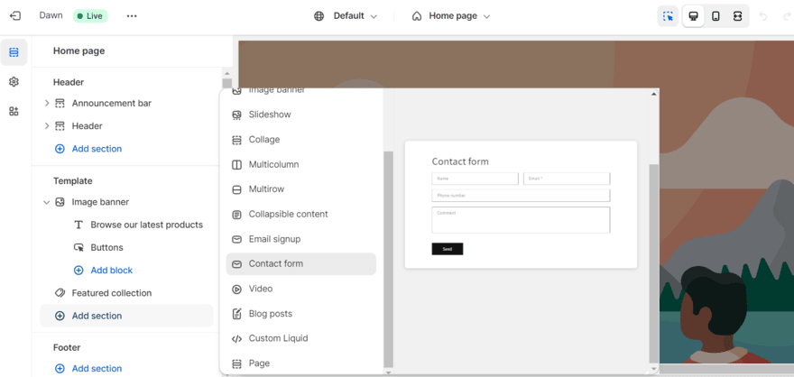 Contact form element on Shopify's website editor