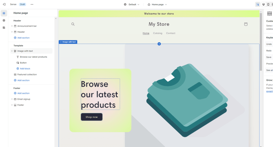 Shopify's website editor showing the structure of the page in the sidebar