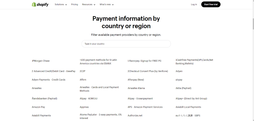 Screenshot of Shopify's page listing over 100 payment methods.