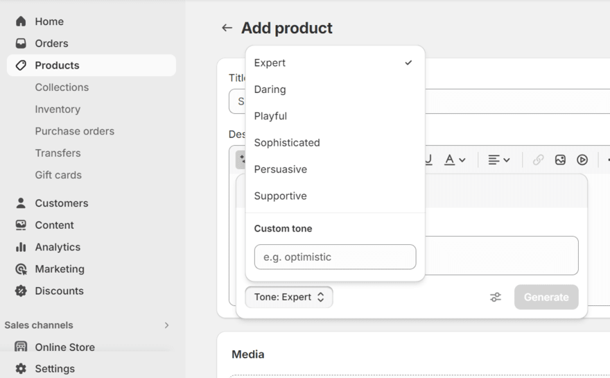 Tone of voice options when using Shopify Magic to generate product description