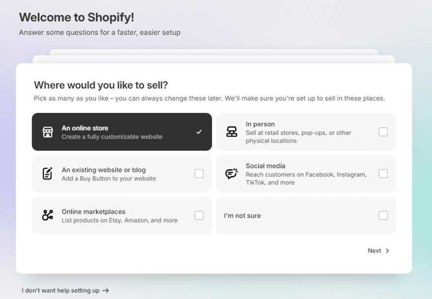 Shopify onboarding question asking users "where would you like to sell?"