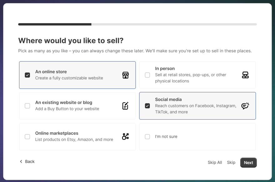 Shopify website builder onboarding question asking "where would you like to sell?"