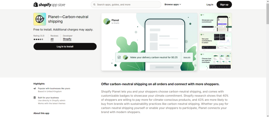 Screenshot of the Planet App listing on the Shopify App Store.