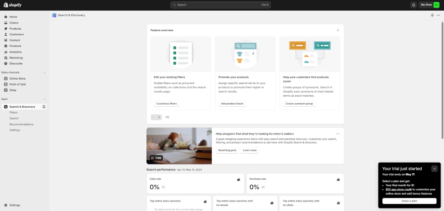 Screenshot of Shopify dashboard showing feature overview and search performance metrics.