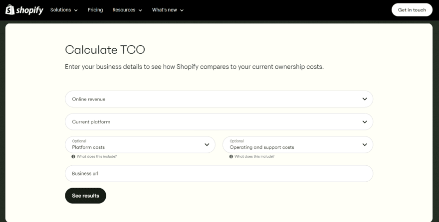 Shopify's Total Cost of Ownership calculator form