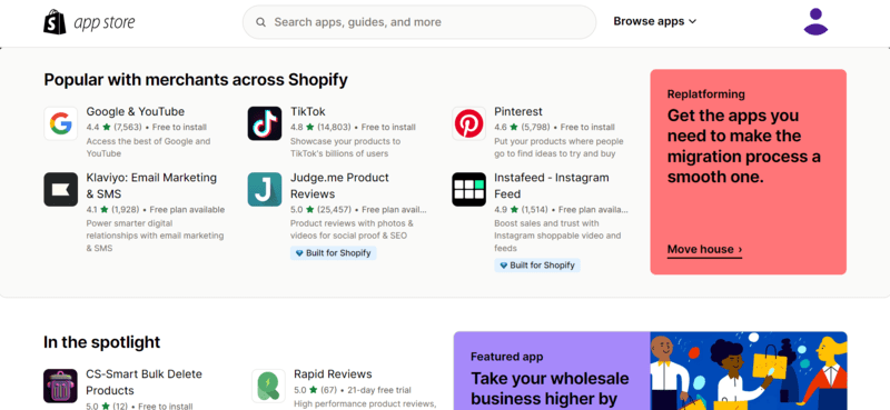 Shopify app store with a number of popular plugins