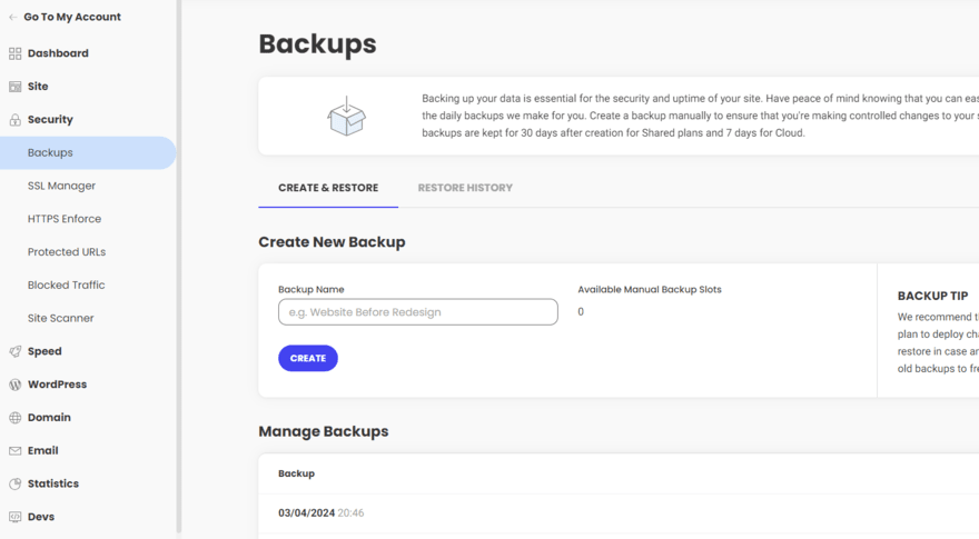 SiteGround's backup settings