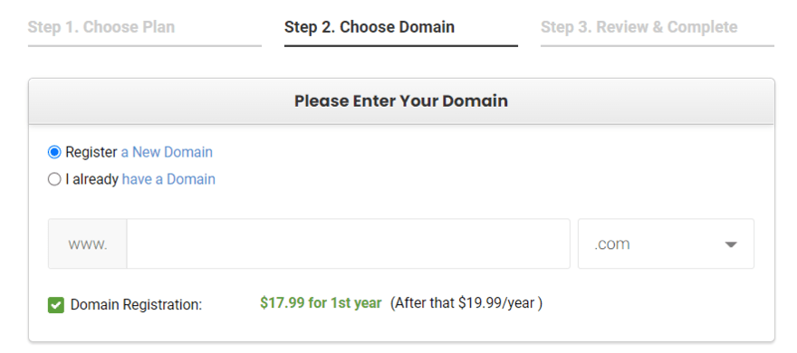 checkout page for Siteground asking users to register a domain or put in their already existing domain