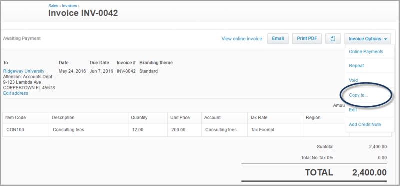 Invoice example with "Copy to" option circled