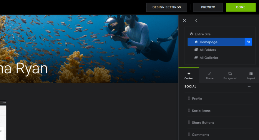 Content section menu in SmugMug's website editor