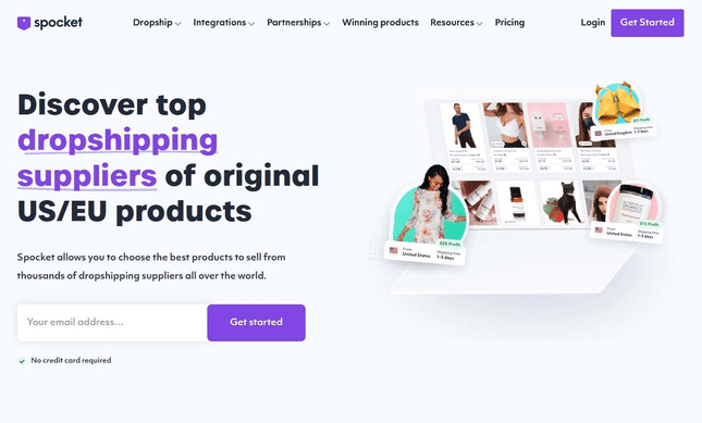 Homepage of Spocket dropshipping supplier.