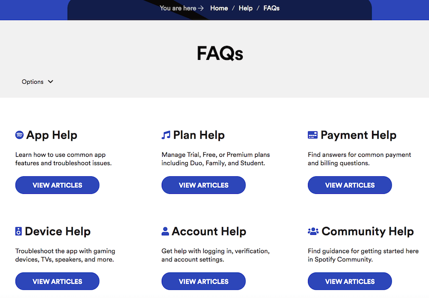 Spotify FAQ page example screenshot