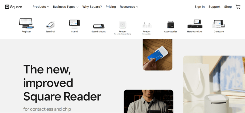 a homepage featuring all of square online's POS systems
