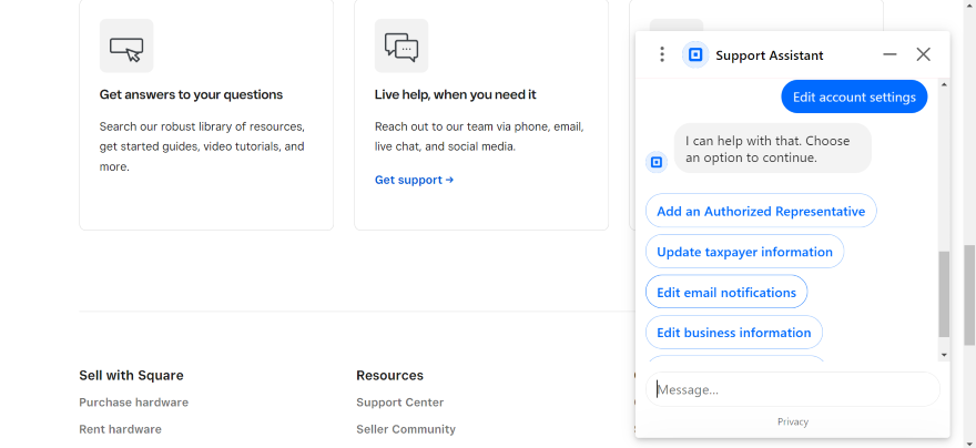 Screenshot of a conversation with Square's support assistant.