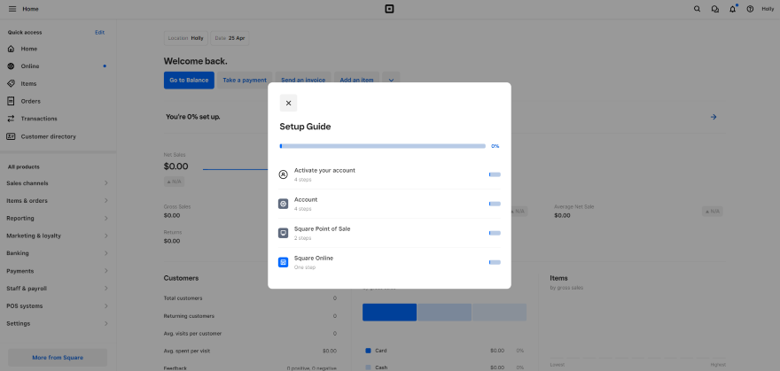 Screenshot of Square Online's setup guide featuring key steps.