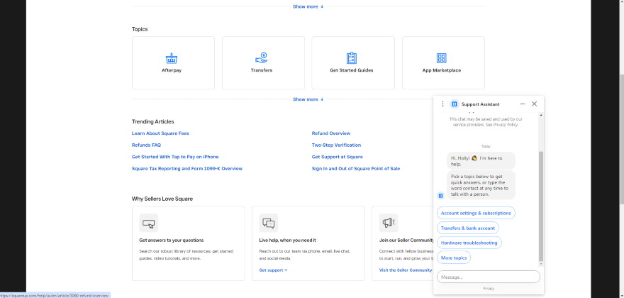 Screenshot of Square's Support Assistant
