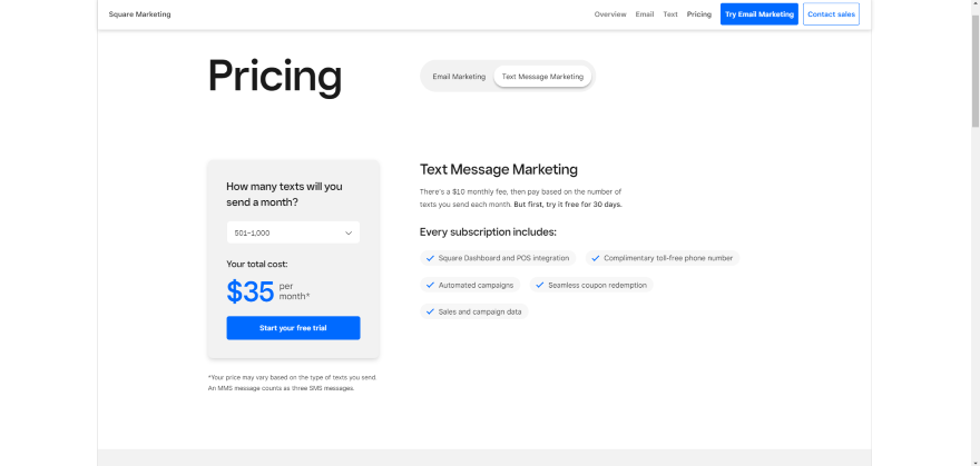 Screenshot of Square's text marketing pricing.