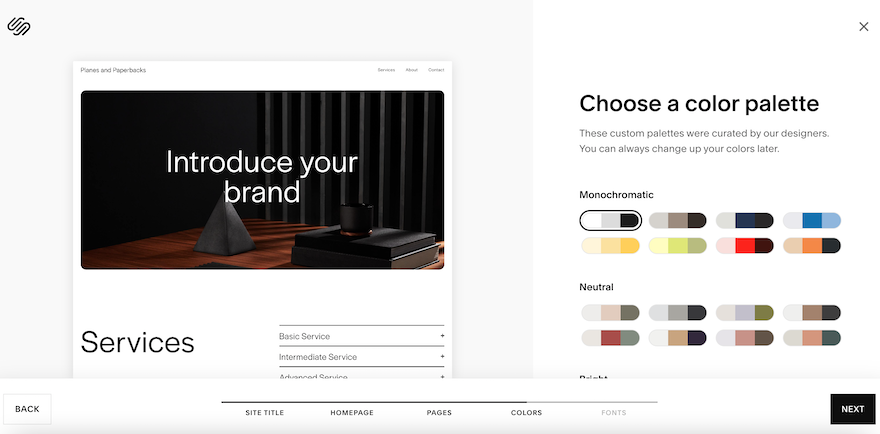 Squarespace Blueprint “Chooses a color palette” section, with various color schemes on the right.