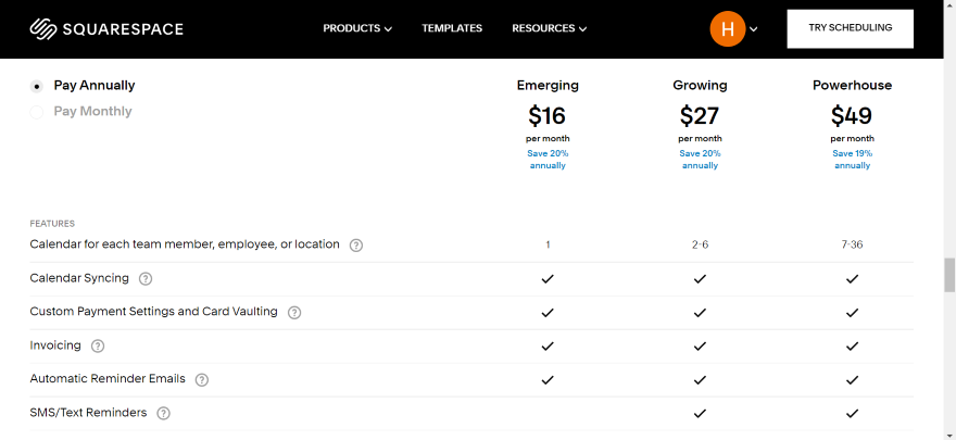 Screenshot of Squarespace's Acuity Scheduling pricing page.